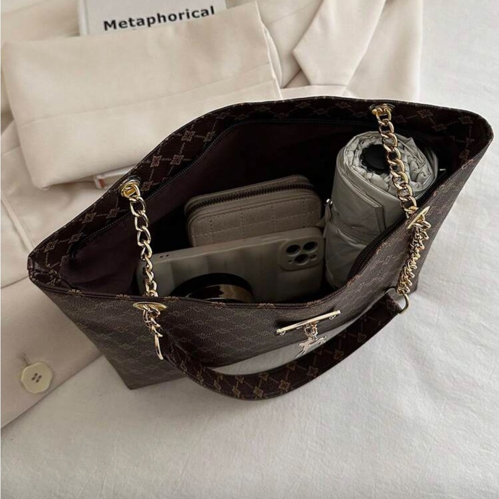 ⚠️Clearance Patterned Chain Shoulder Tote Bag Elegant Brown Gold Accent - Picture 9 of 9